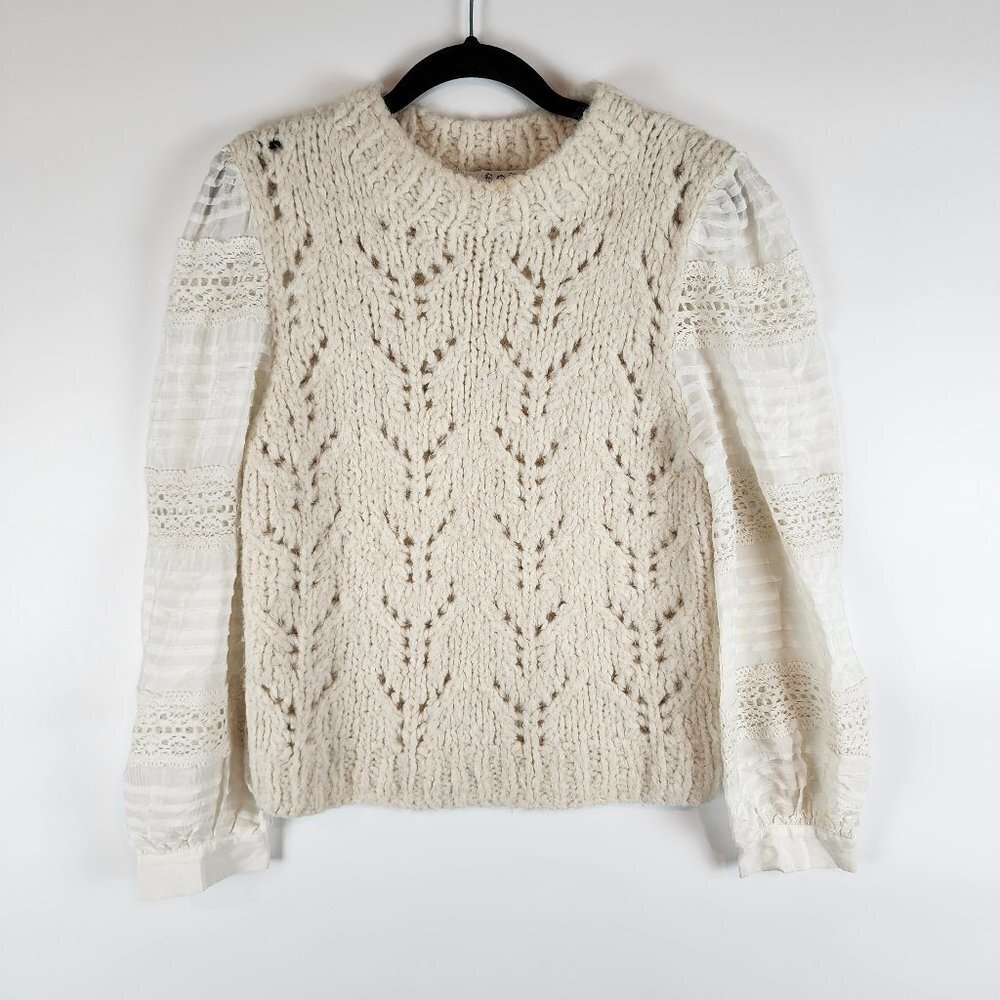 Sea New York Ellie Combo Sweater Cable Knit Puff Lace Sleeves Cream Alpaca Wool - Picture 3 of 14